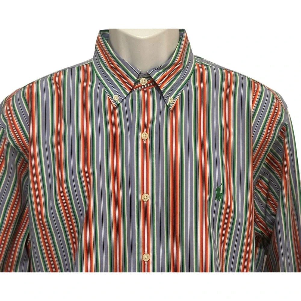 Ralph Lauren‎ Men Shirt L Button Down Orange Multi Stripe Navy Pony Button Down